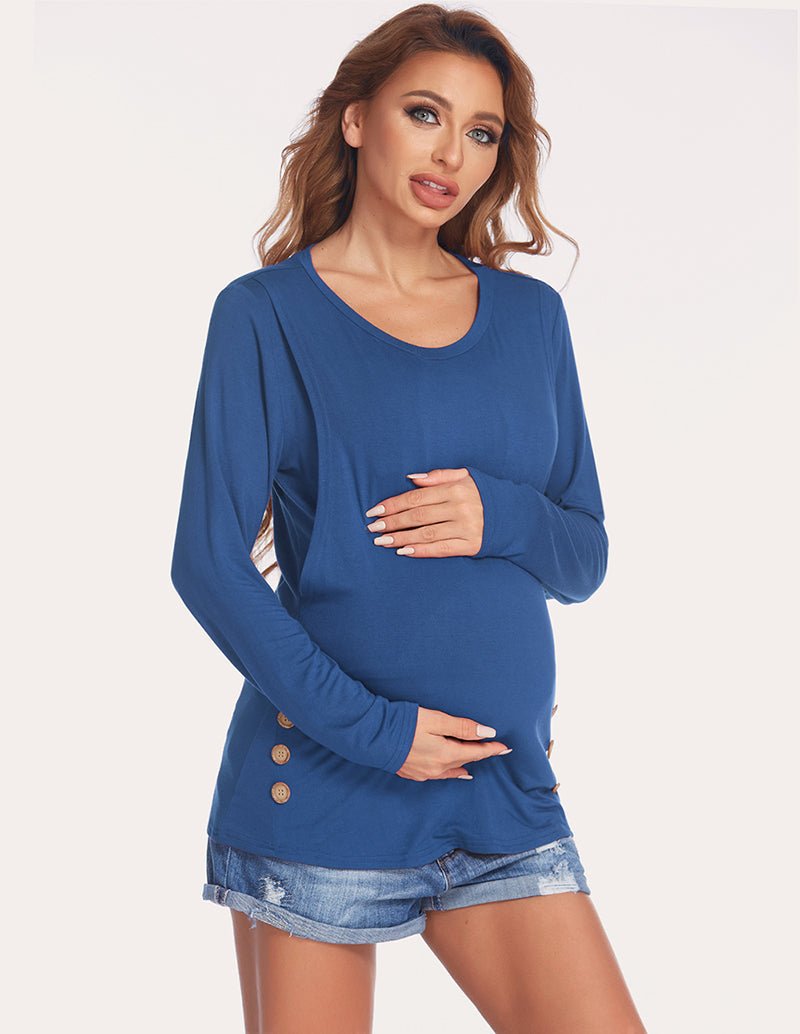 Maternity double-layer long-sleeve shirt, blue, front view, side buttons at lower edge