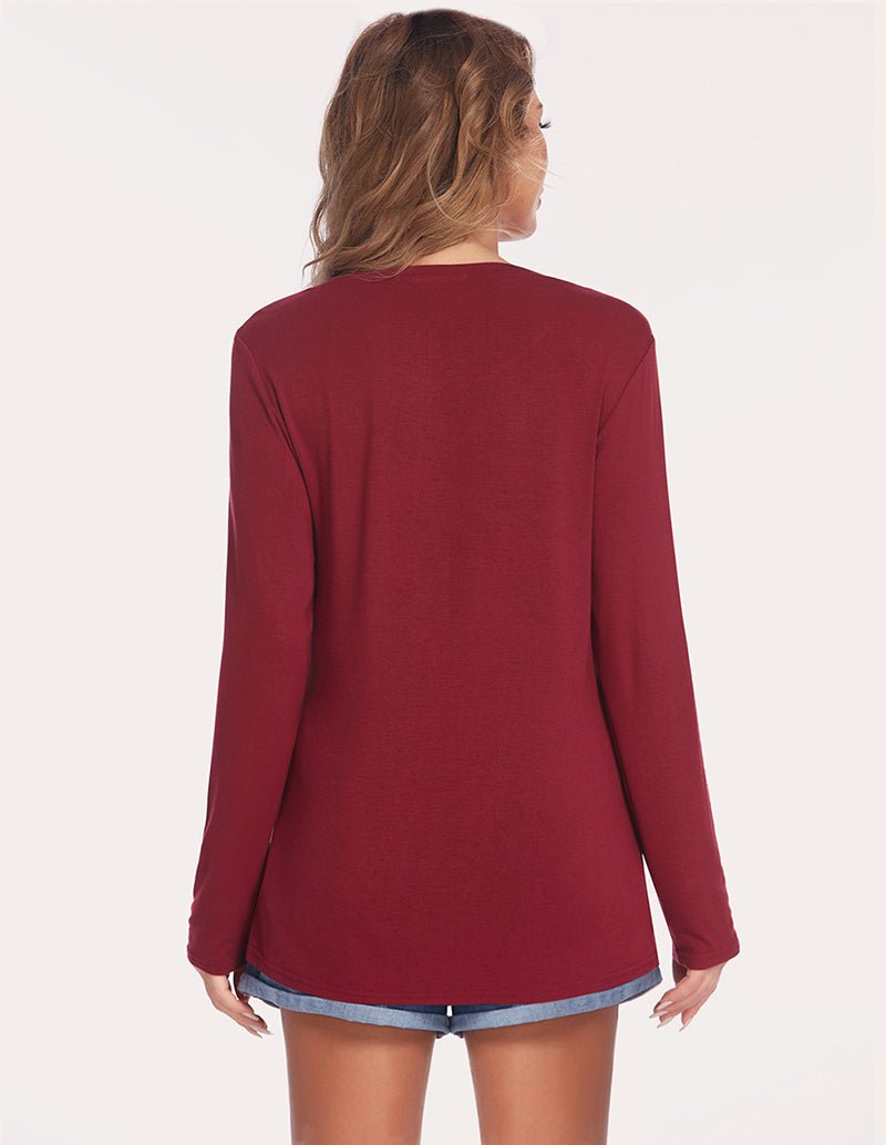 Maternity double-layer long-sleeve shirt, wine red, full back view, side button detail