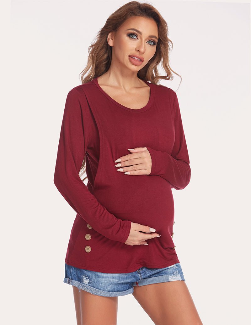 Maternity double-layer long-sleeve shirt, wine red, front view with side buttons