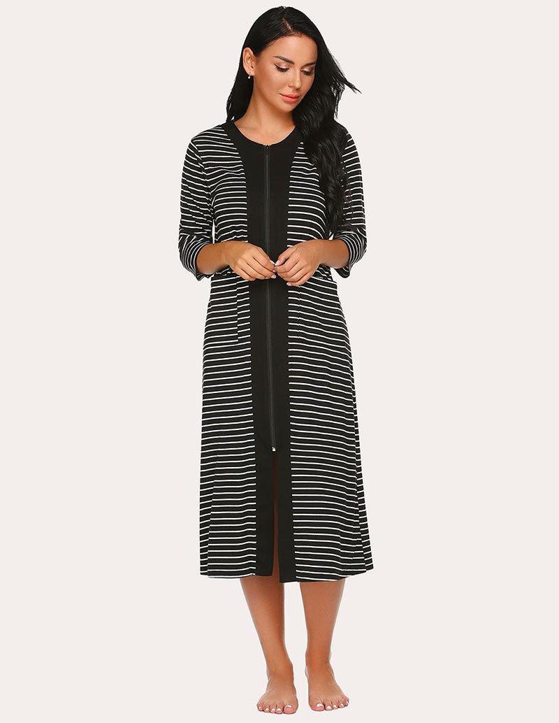 Striped zipper robe in black and white with open front, three-quarter sleeves, mid-calf