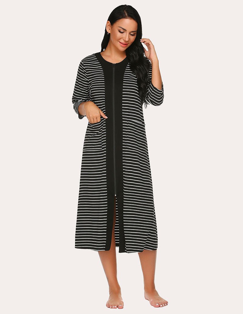 Striped zip-front robe with navy center panel, midi length, loose fit, 3/4 sleeves