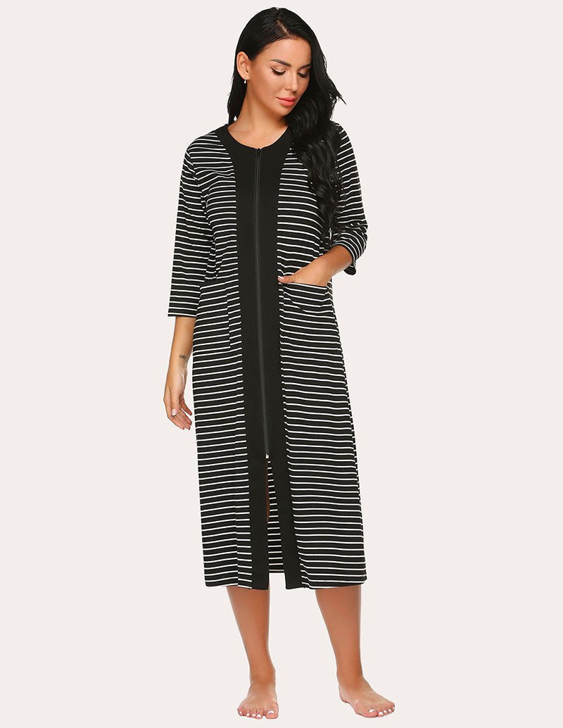 Striped zipper robe with hood, black and white horizontal stripes, side view, mid-calf