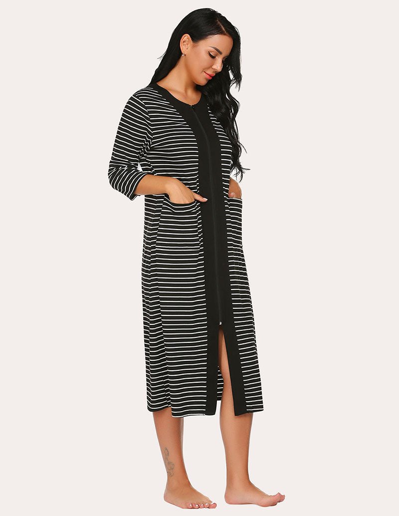Striped zipper robe in black and white, front zipper detail, three-quarter sleeves, mid-calf