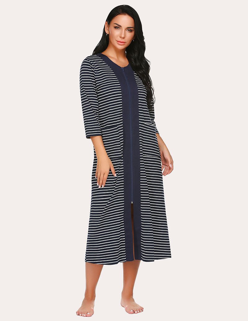Striped zip-front robe with navy center panel and midi hem, 3/4 sleeves