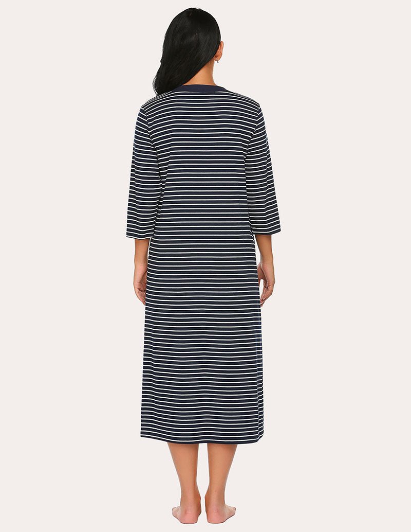 Striped zip-front robe back view with navy center panel, midi length, 3/4 sleeves