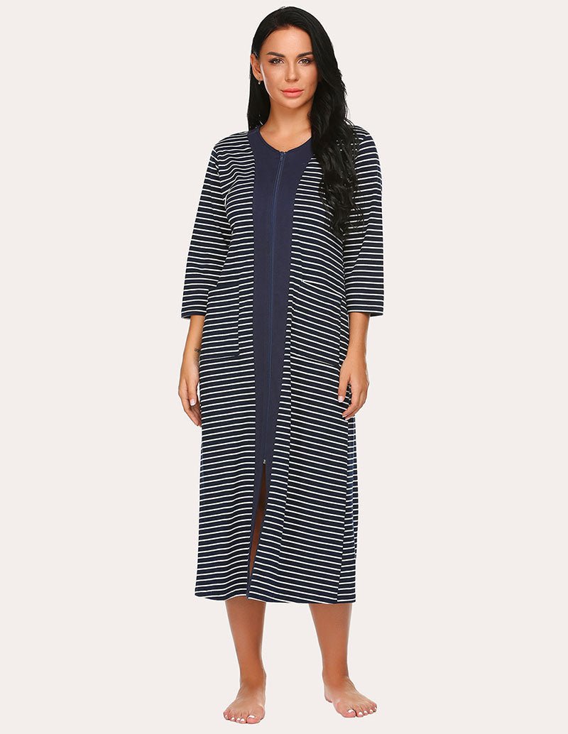 Striped zip-front robe with solid navy center panel, midi length, 3/4 sleeves