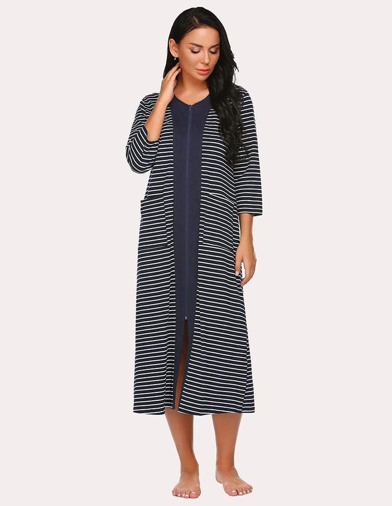 Striped zip-front robe with navy center panel and side slit, midi length