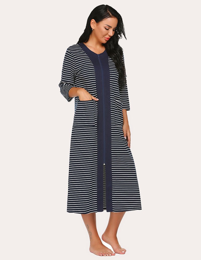 Striped zip-front robe with navy center panel, side slit detail, 3/4 sleeves