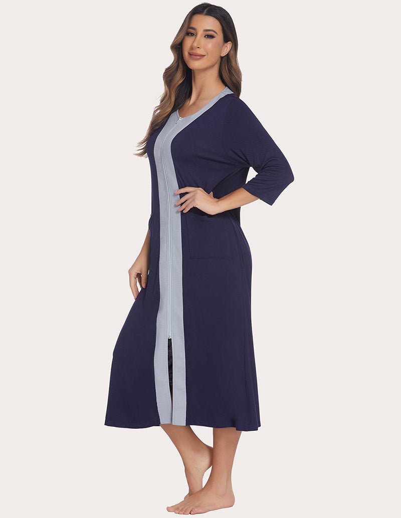Navy zip-front robe with vertical light stripe panel and side slit detail