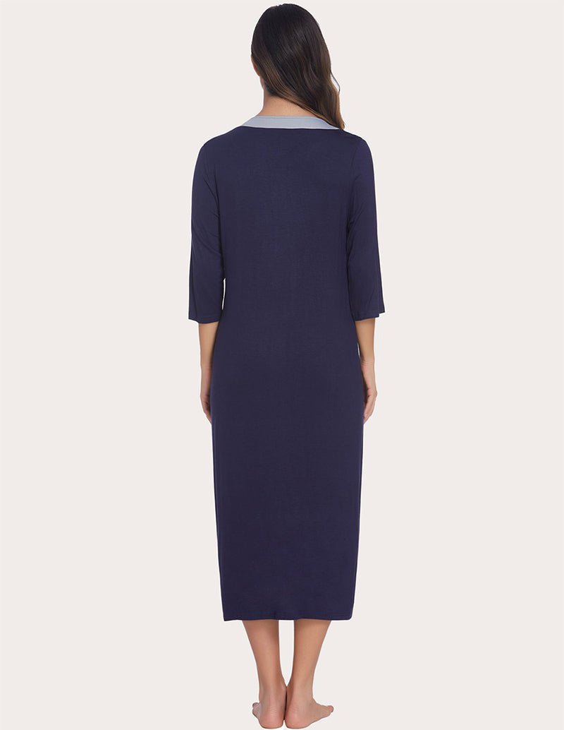 Navy zip-front robe, straight midi length, 3/4 sleeves, back view