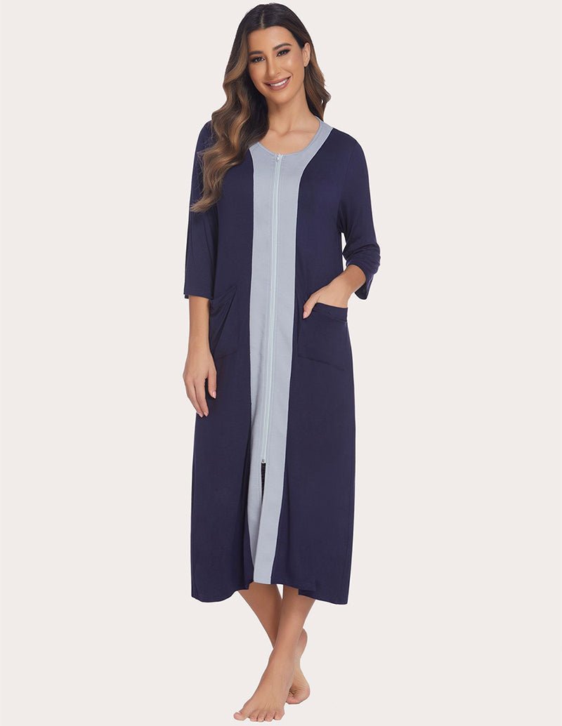 Navy zip-front robe with vertical light stripe, midi length, 3/4 sleeves