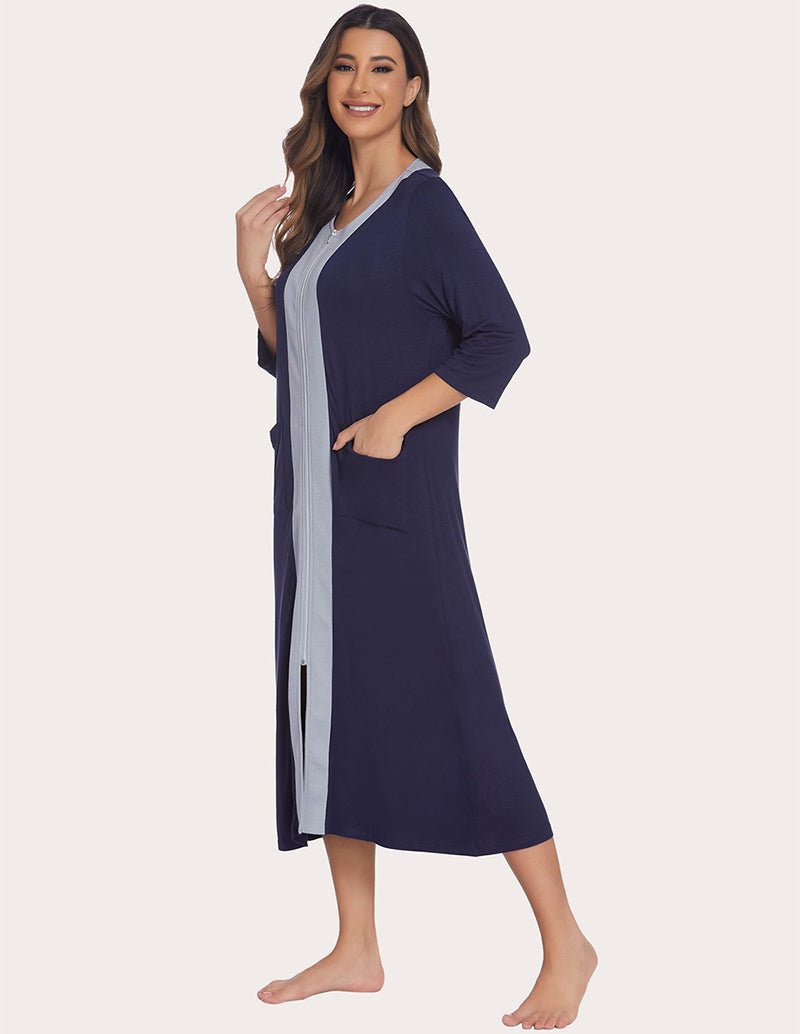Navy zip-front robe with vertical stripe trim and front pocket, 3/4 sleeves