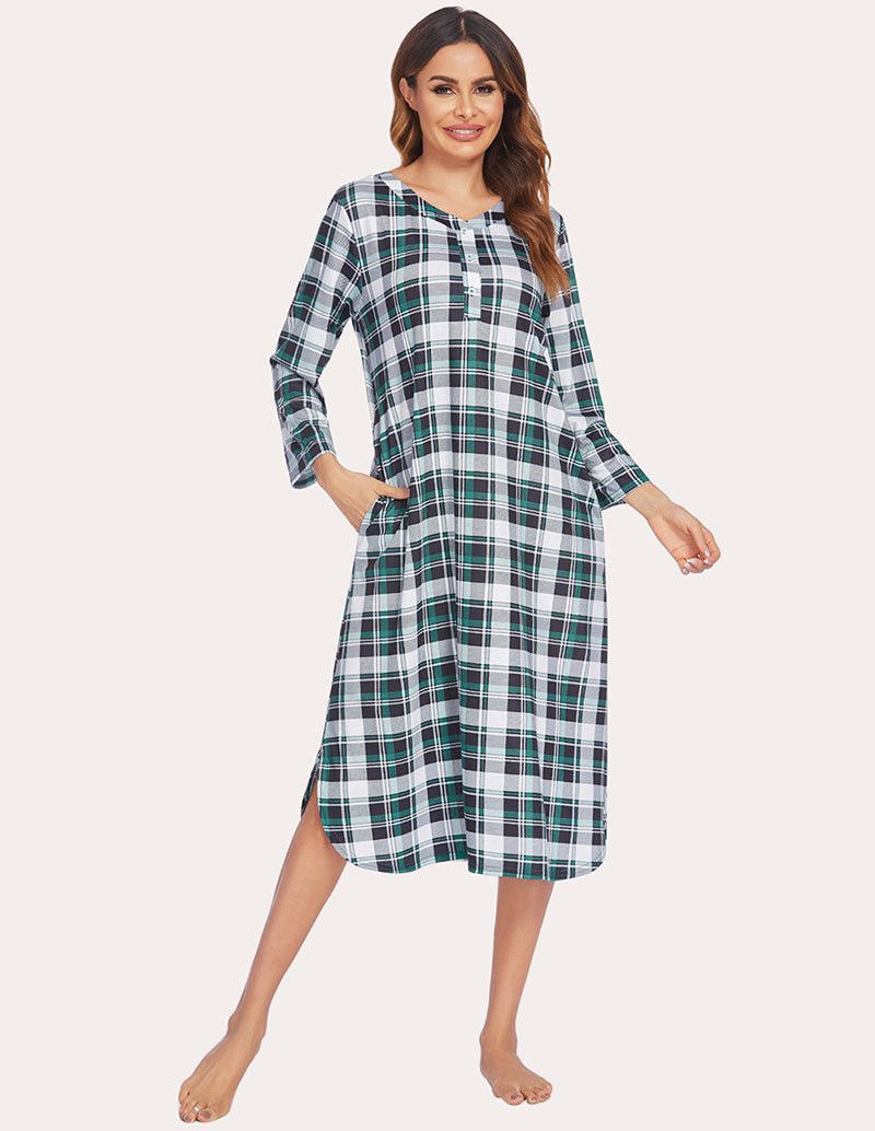 Green plaid flannel nightgown with front buttons and side slit, relaxed fit