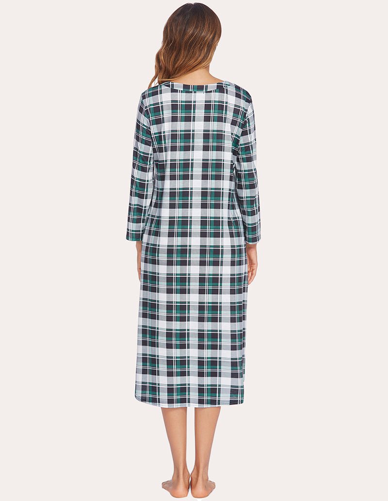 Back view of green plaid flannel nightgown, long sleeves and straight midi hem