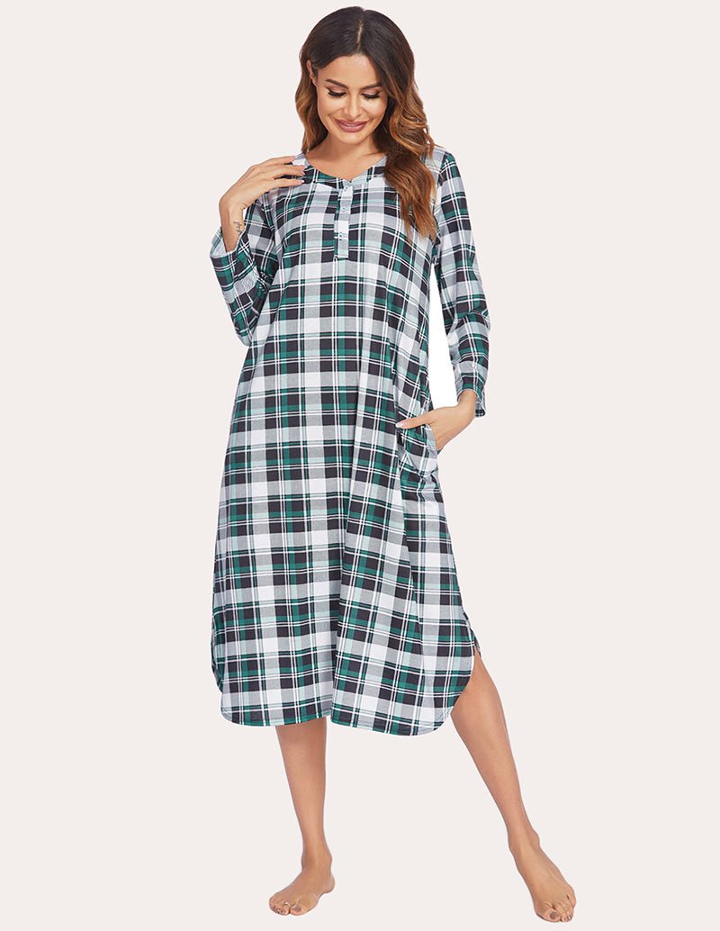 Green plaid flannel nightgown with Henley button placket and long sleeves, midi