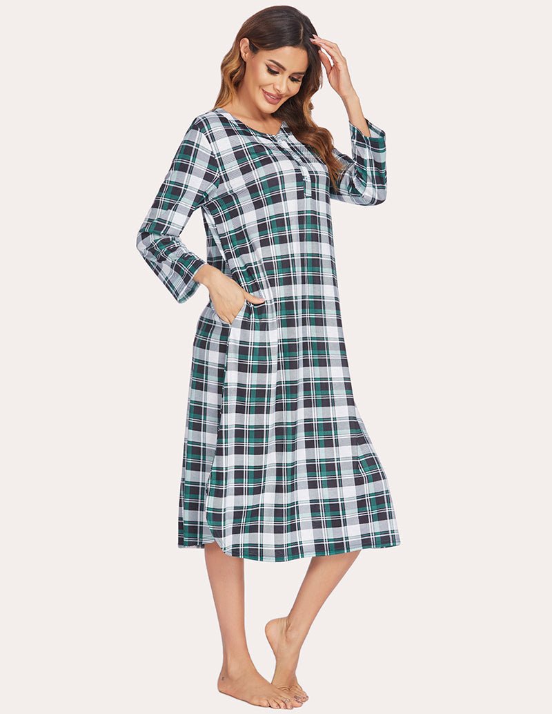 Green plaid flannel nightgown with Henley neckline and long sleeves, midi length