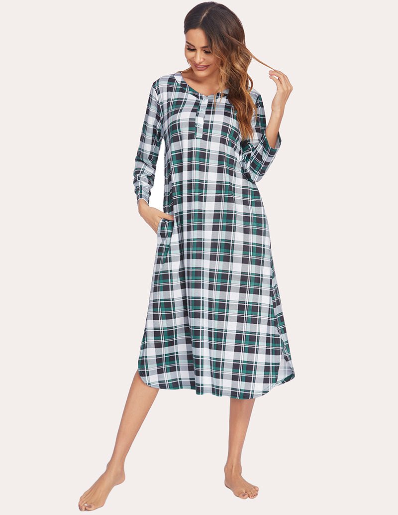 Green plaid flannel nightgown with button front and 3/4 sleeves, side slit hem