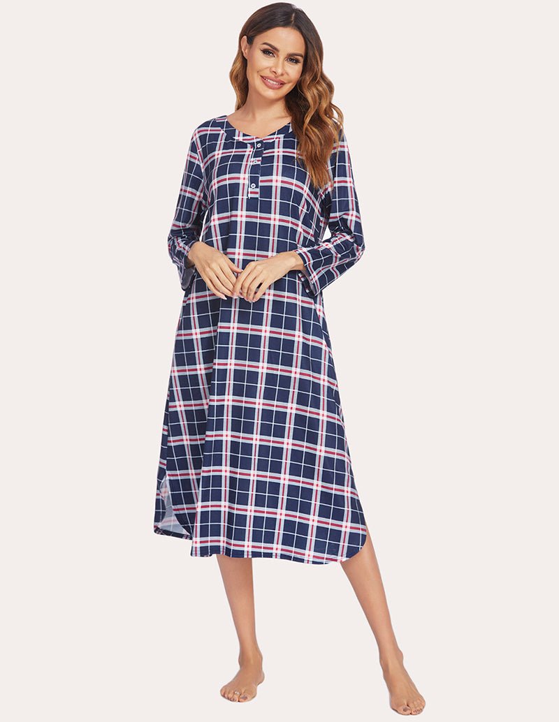 Navy plaid flannel nightgown with button-front neckline and side-slit hem