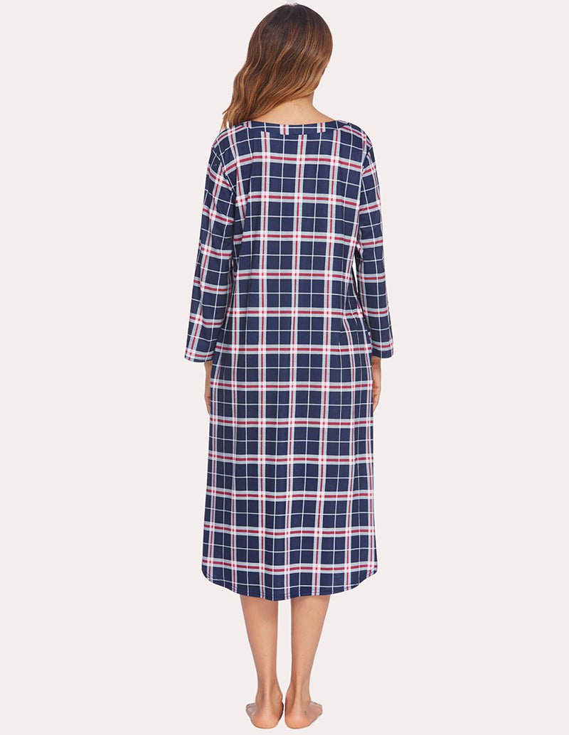 Back view of navy plaid flannel nightgown with button placket and long sleeves