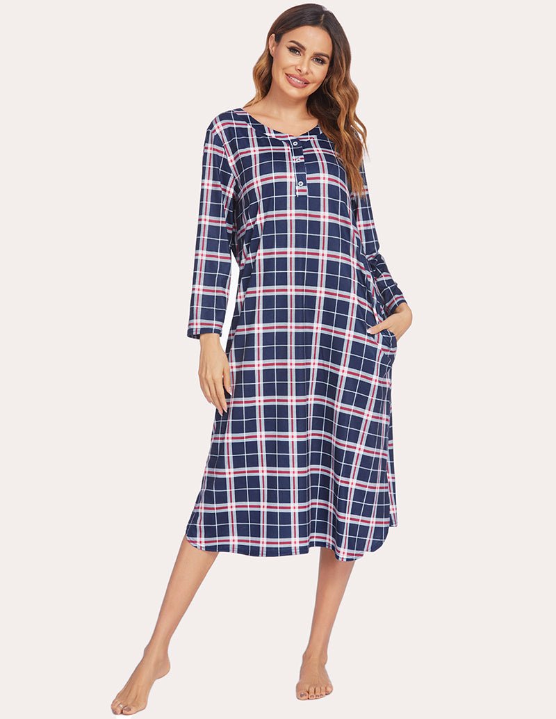 Navy plaid flannel nightgown with long sleeves and button-front design