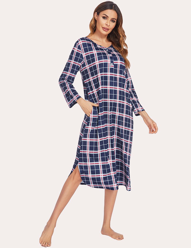 Navy plaid flannel nightgown with relaxed fit, button-front, and side slit hem