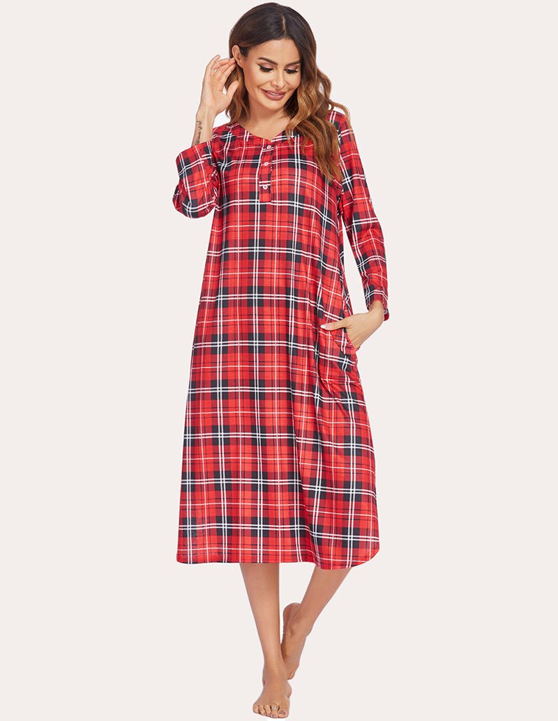 Red plaid flannel nightgown with front buttons and relaxed fit, midi hem