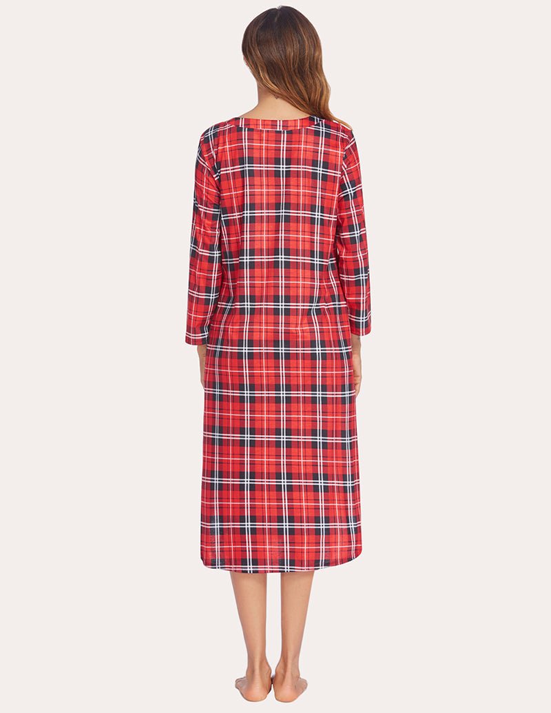 Back view of red plaid flannel nightgown, long sleeves and button front
