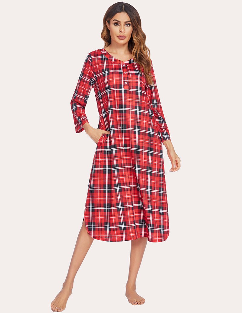 Red plaid flannel nightgown with Henley button placket and 3/4 sleeves, midi length