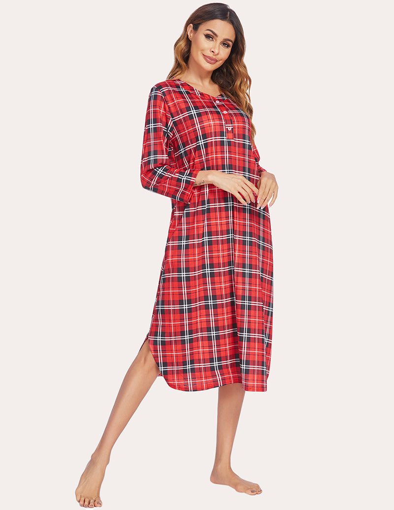 Red plaid flannel nightgown, side slit hem and long sleeves with button placket
