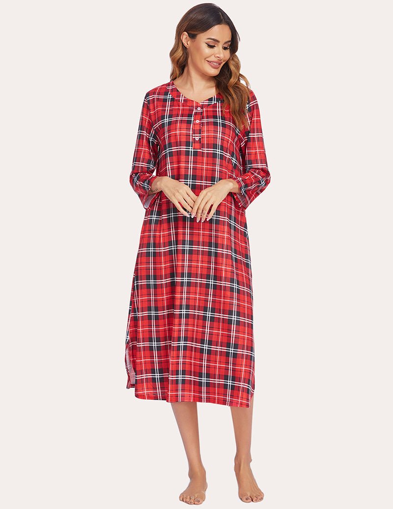 Red plaid flannel nightgown with henley neckline and cuffed sleeves, midi length