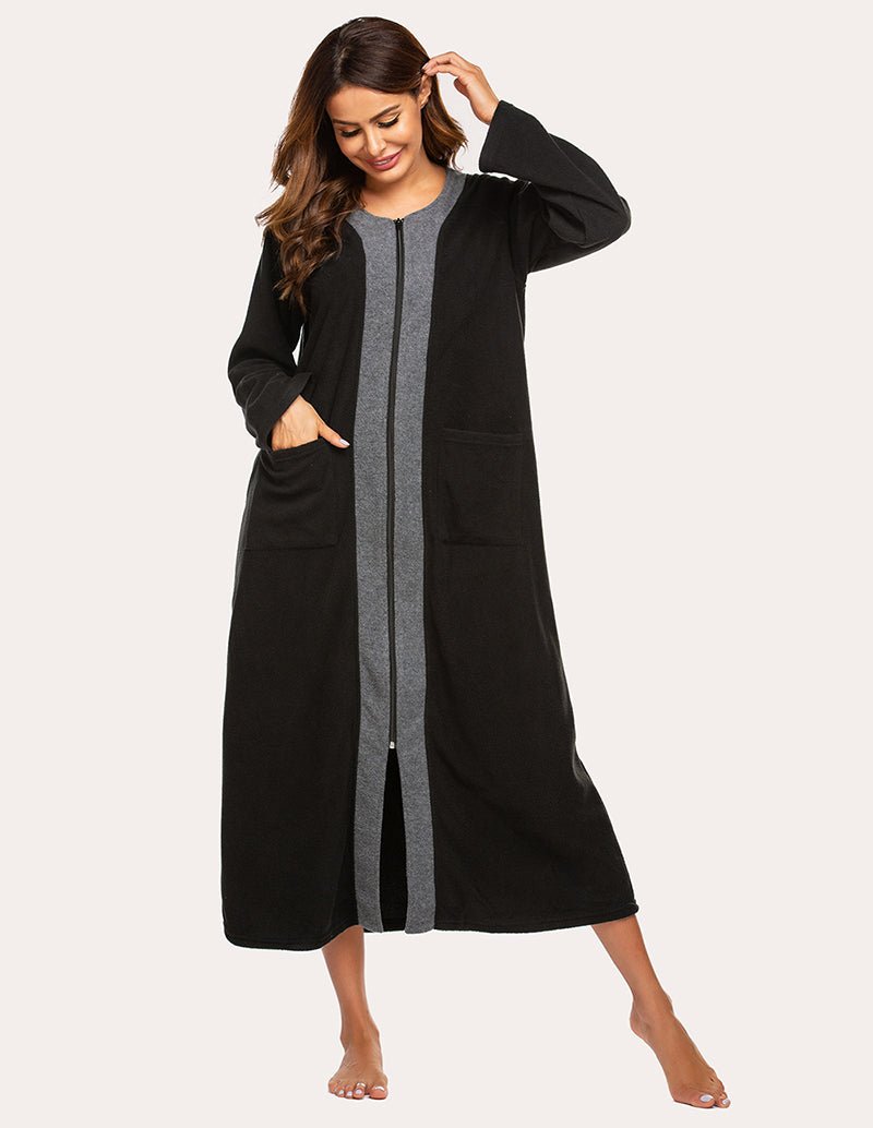 Black fleece zip robe with gray center stripe, zip front and side pockets