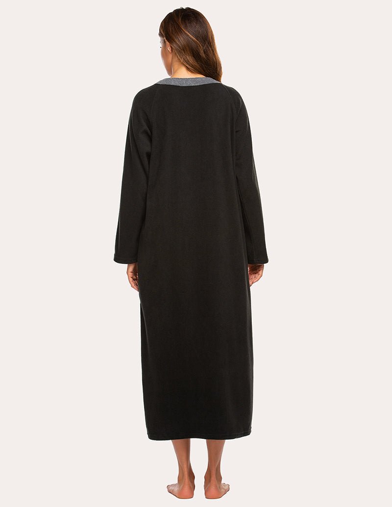 Black fleece zip robe back view, long sleeves, full-length design, no hood, straight hem