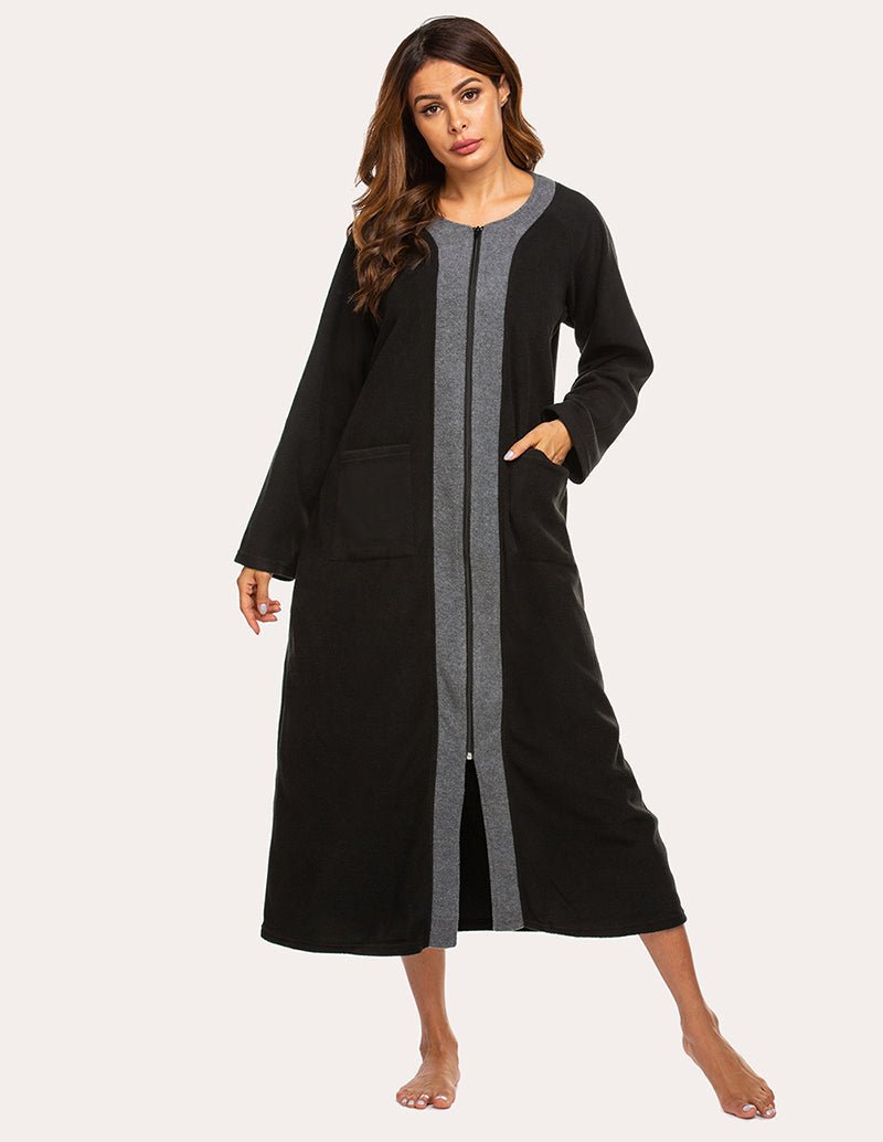Ekouaer fleece zip robe, black with gray trim, long sleeves, front zipper, side pockets