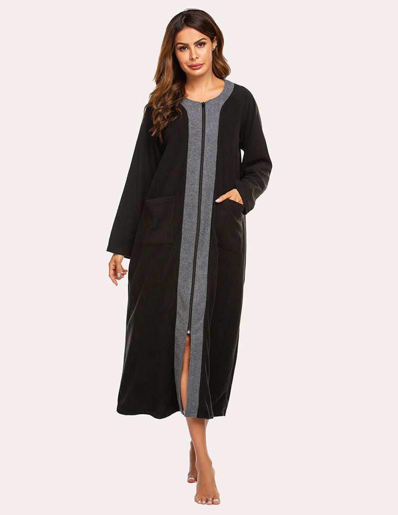 Black fleece zip robe with gray placket, zip front slit detail, side pockets