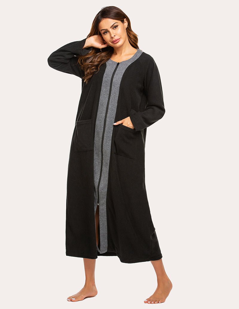 Black fleece zip robe with gray center stripe, hoodless neckline, side pockets