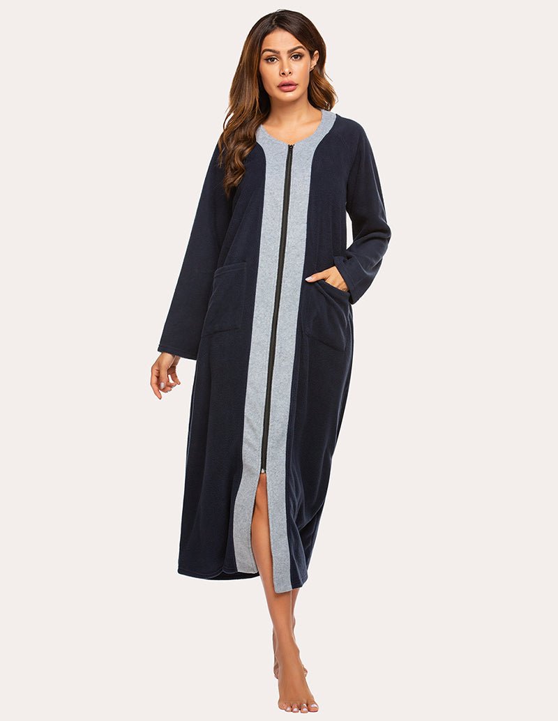 Navy fleece zip robe with gray center stripe, zip front and side pockets