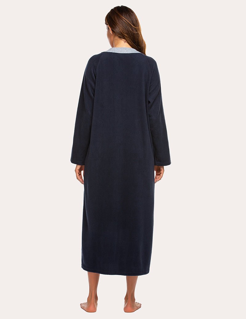Navy fleece zip robe, back view, long sleeves and full-length hem
