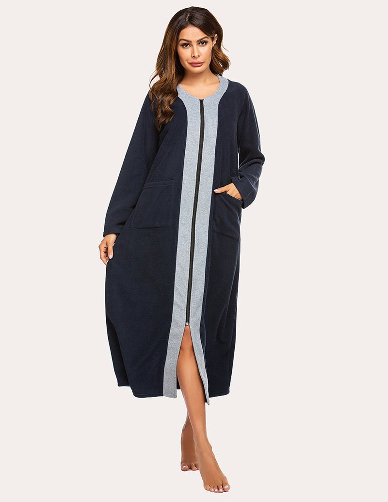 Navy fleece zip robe with gray front placket and side pockets, long sleeves