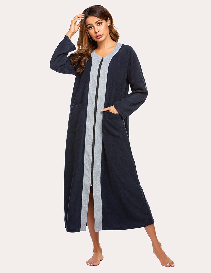 Navy fleece zip robe with gray front placket, zip front slit, side pockets
