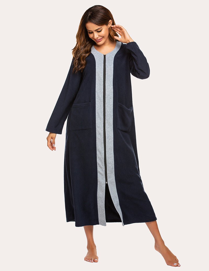 Navy fleece zip robe with gray center stripe, zip front and side pockets