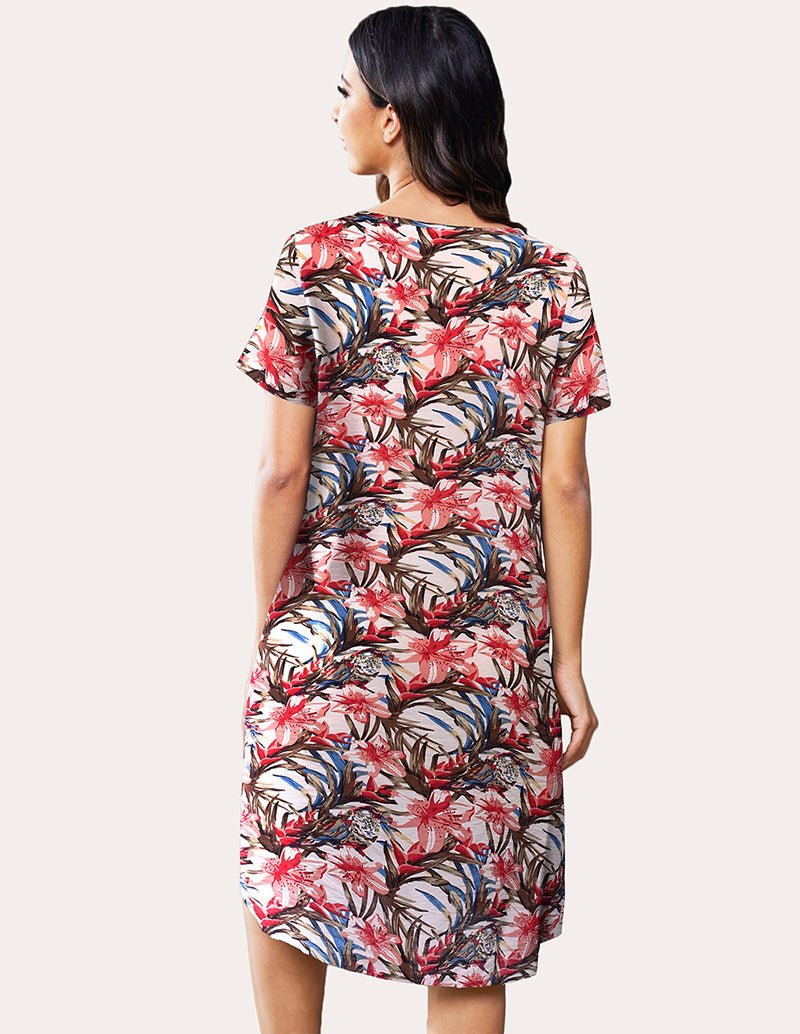 Floral nightdress back view with short sleeves and allover leaf print, knee length