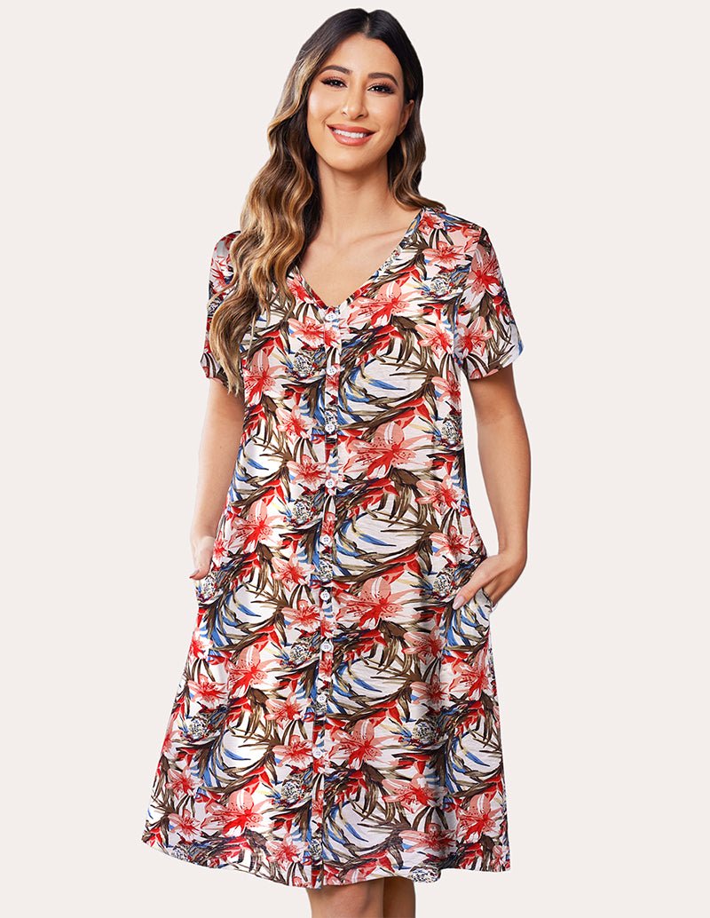 Floral nightdress with scoop neck and short sleeves, ruched front, red blue white print
