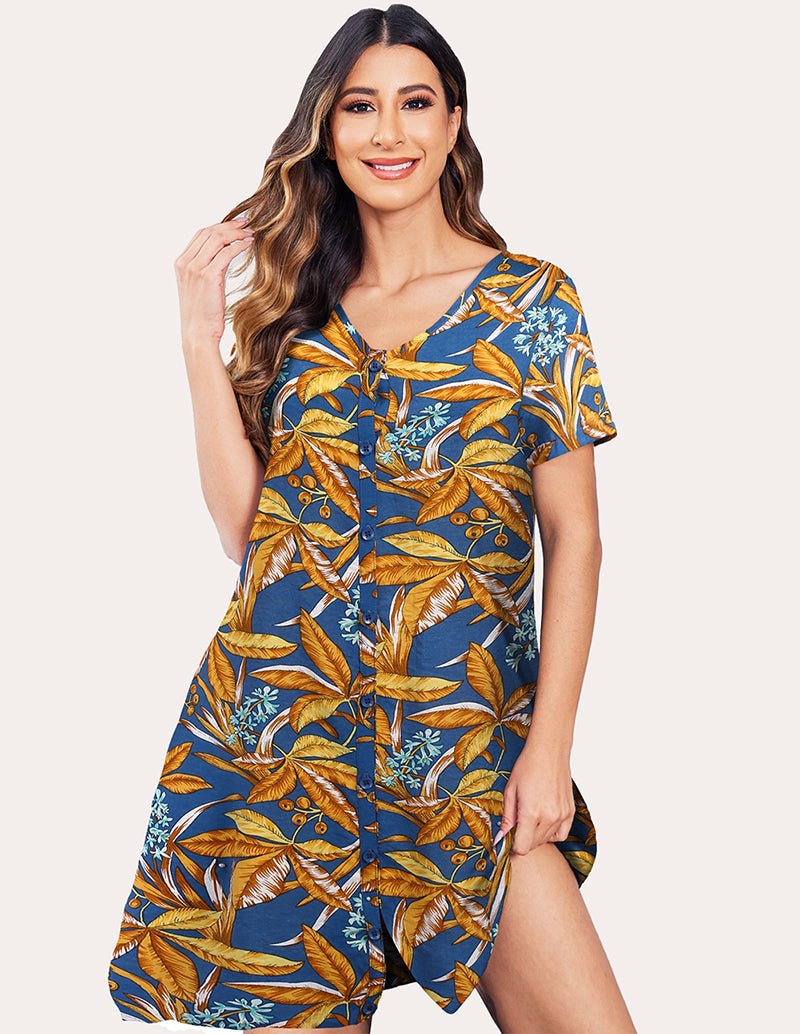 Leaf print nightdress with scoop neck, short sleeves, blue with gold tropical leaf print