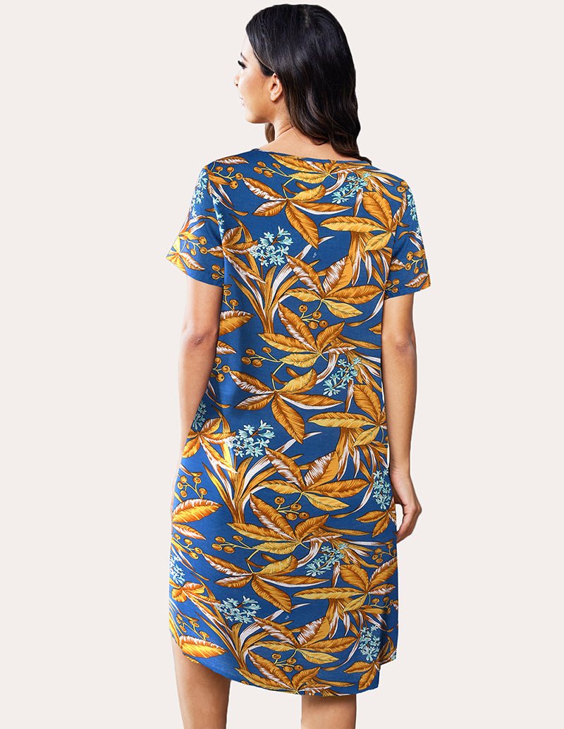 Leaf print nightdress back with short sleeves, blue base and gold botanical pattern, knee length