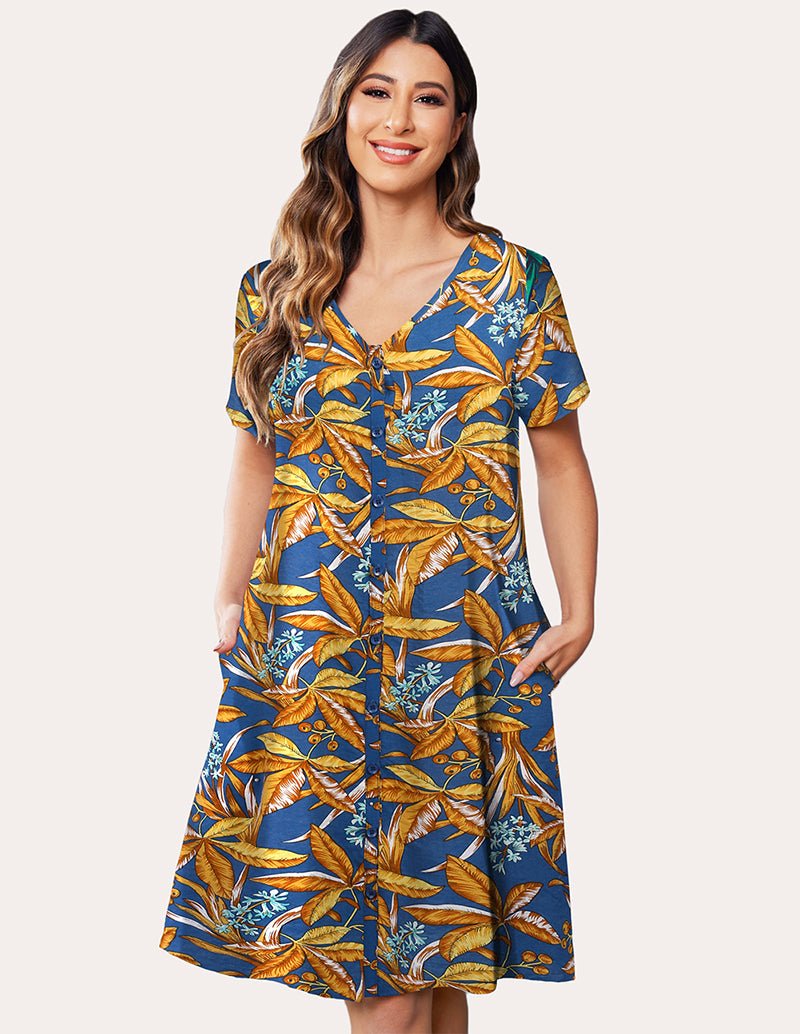 Leaf print nightdress with scoop neck and short sleeves, blue with gold botanical print