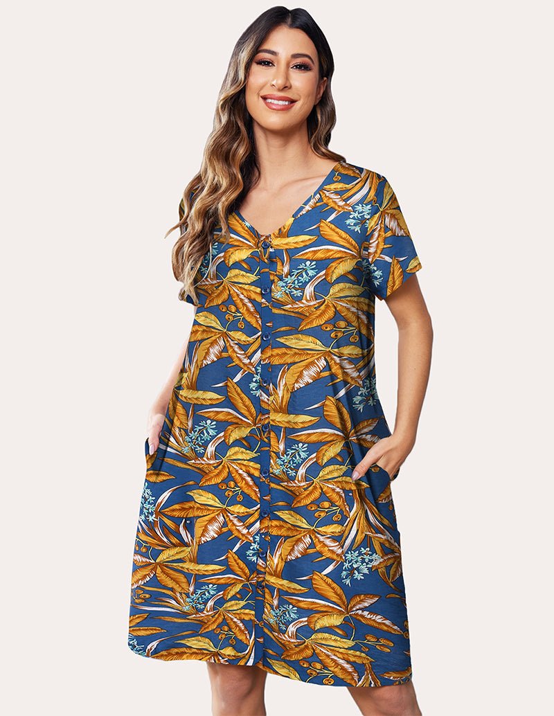 Leaf print nightdress with scoop neck and short sleeves, relaxed fit, blue gold botanical pattern