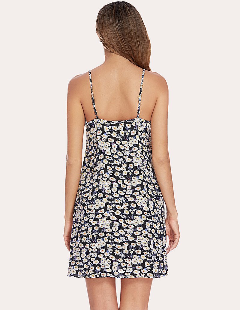 Back view floral slip sleep dress with spaghetti straps, navy and cream print, above-knee