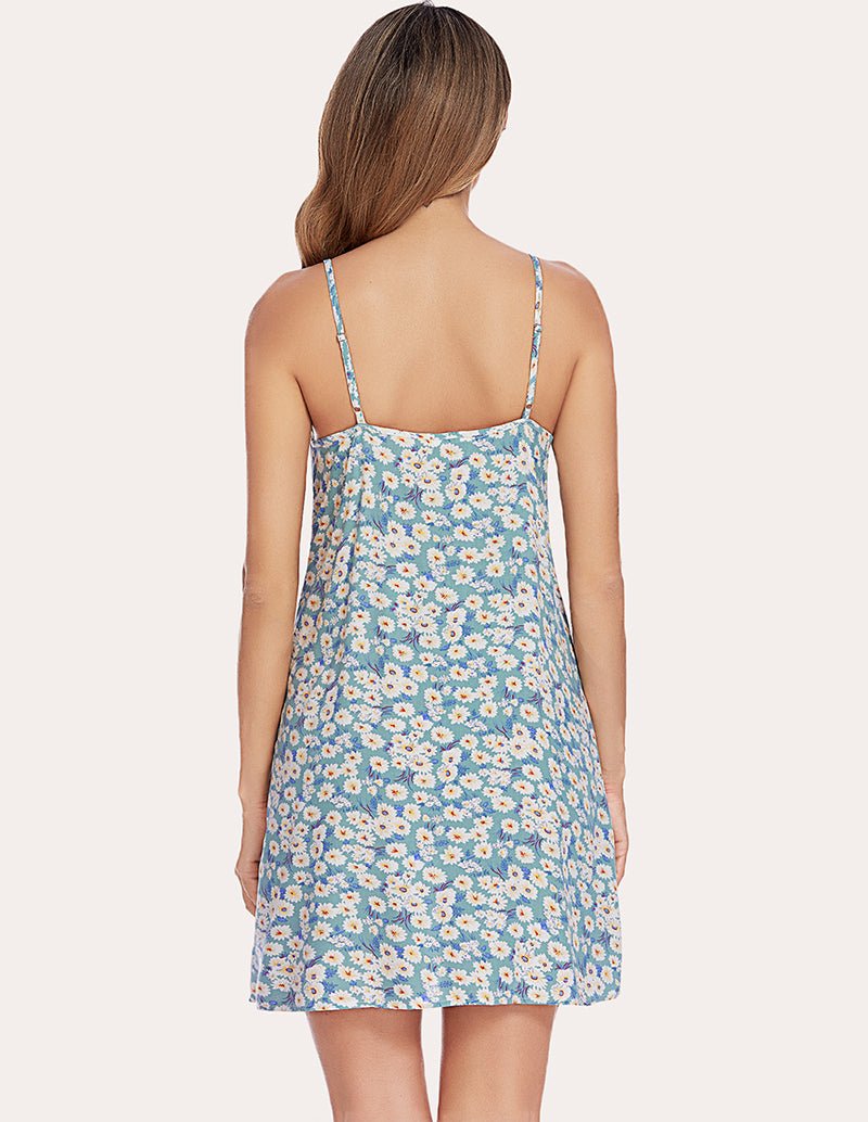 Floral full slip sleep dress, back view, spaghetti straps, light blue base, knee length