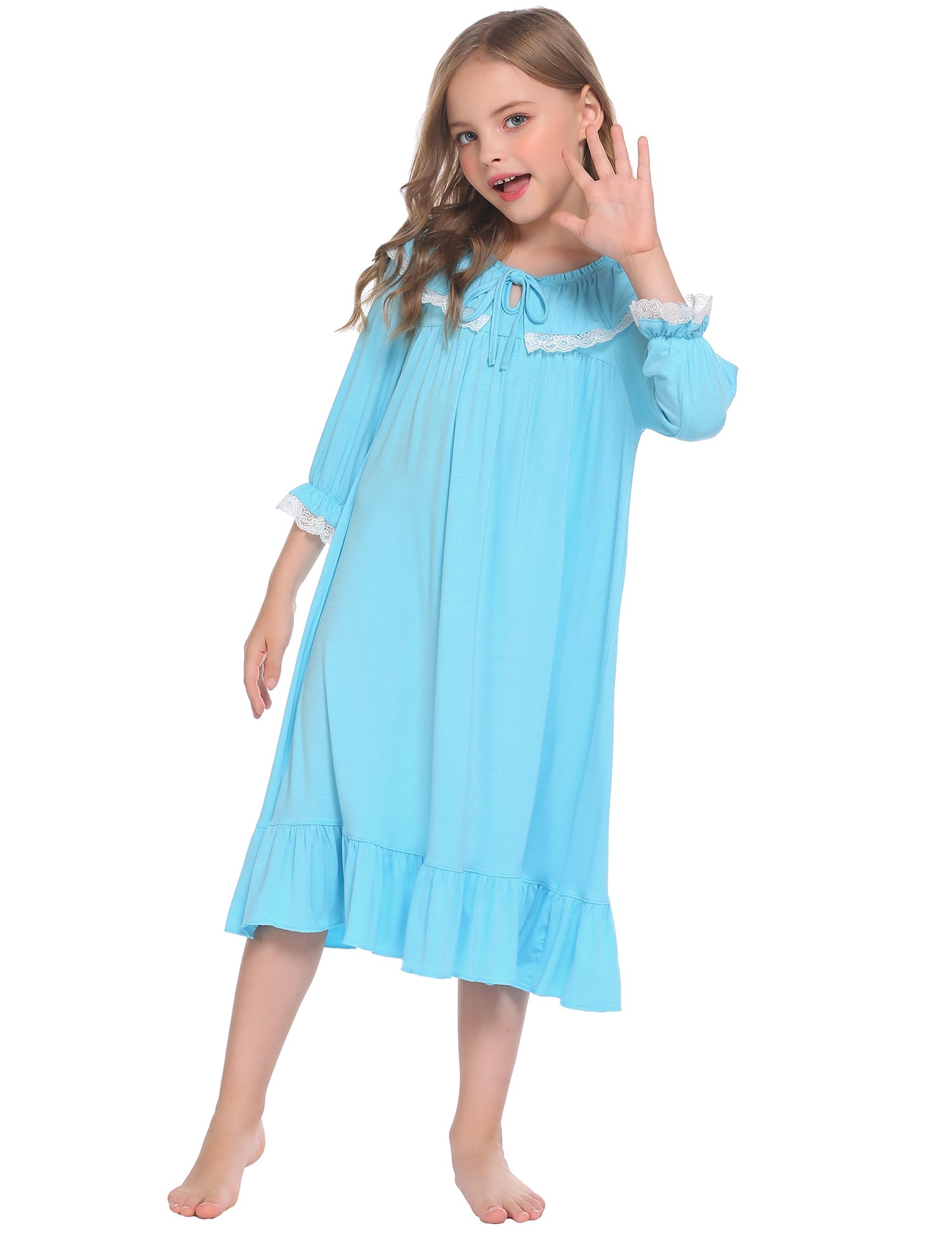Blue princess nightgown with lace yoke, bow neckline, and layered bottom ruffles
