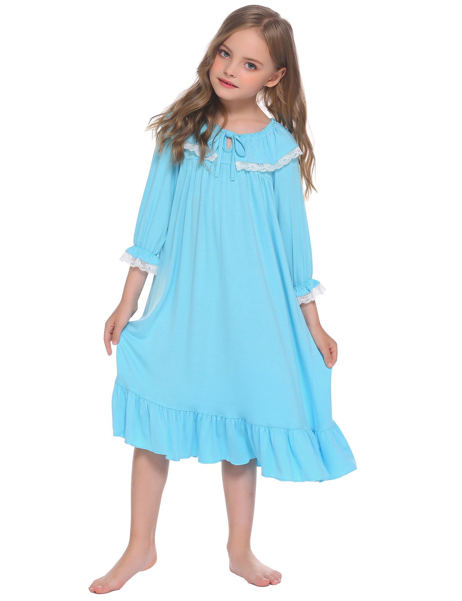 Blue girls nightgown with lace cuffs and gathered skirt ruffles